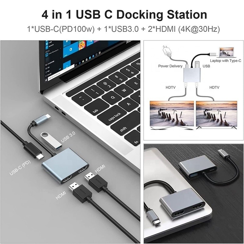 4-σε-1 USB C σε διπλό 4K HDMI MST προσαρμογέα για φόρτιση μεταφοράς δεδομένων και βίντεο