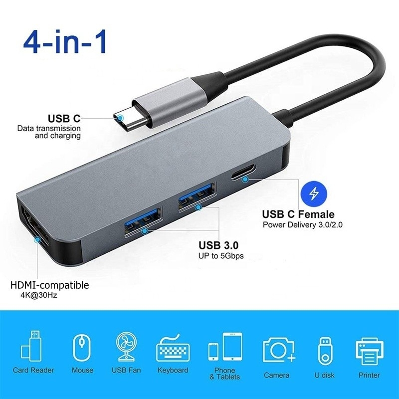 4K HDMI συμβατός τύπου-C προς USB C Hub Adapter με 2 θύρες φόρτισης USB3.0 και PD