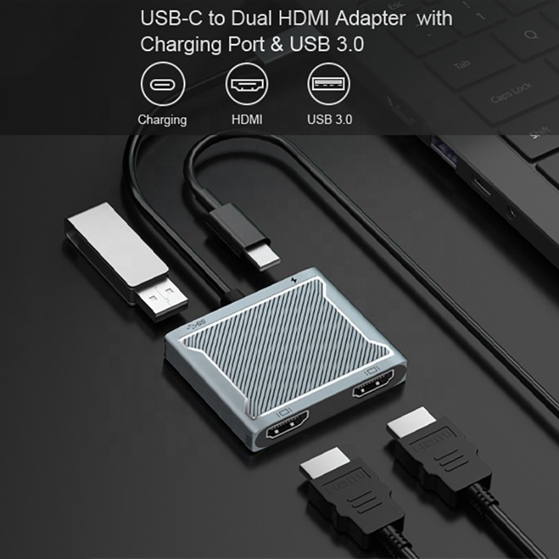 Σύνδεσμος διεπαφής USB C τύπου C Δύο προσαρμογείς HDMI 4K 4 σε 1 USB 3.0 Hub για φορητό υπολογιστή