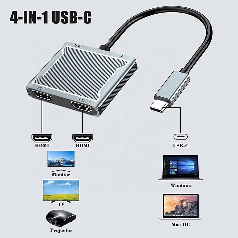 Σύνδεσμος διεπαφής USB C τύπου C Δύο προσαρμογείς HDMI 4K 4 σε 1 USB 3.0 Hub για φορητό υπολογιστή