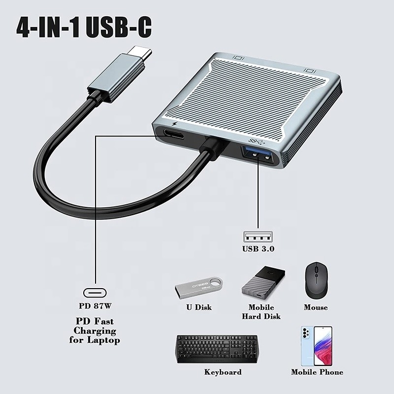Σύνδεσμος διεπαφής USB C τύπου C Δύο προσαρμογείς HDMI 4K 4 σε 1 USB 3.0 Hub για φορητό υπολογιστή