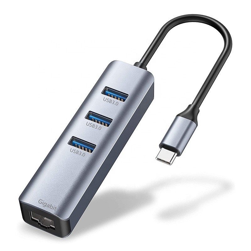 USB 3.1 Διασύνδεση τύπου C έως 9 θύρες USB A 3.0 προσαρμογός με κάρτα δικτύου Ethernet RJ45 Gigabit Gray