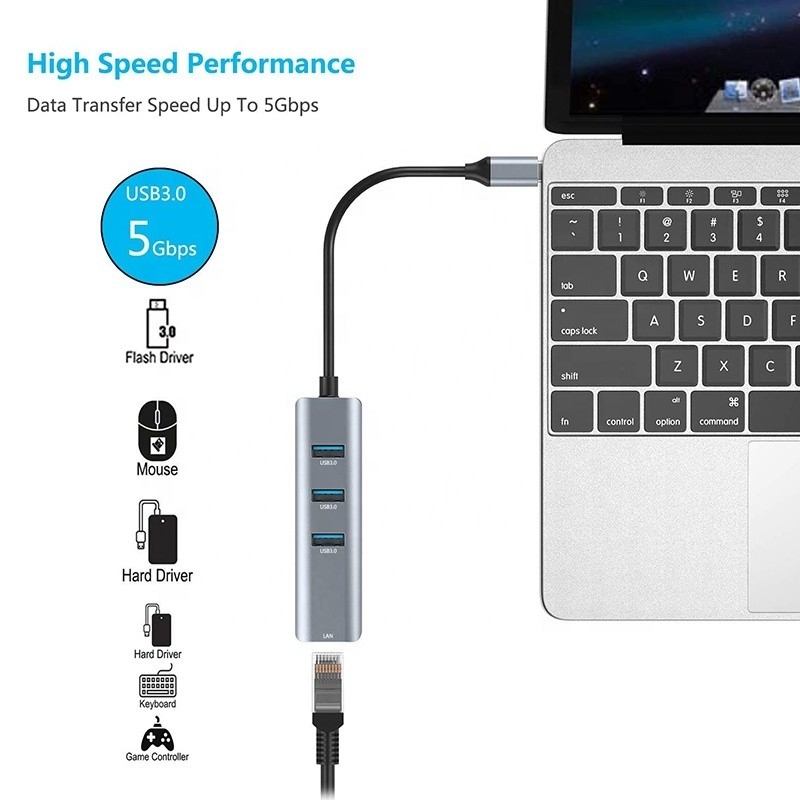 USB 3.1 Διασύνδεση τύπου C έως 9 θύρες USB A 3.0 προσαρμογός με κάρτα δικτύου Ethernet RJ45 Gigabit Gray
