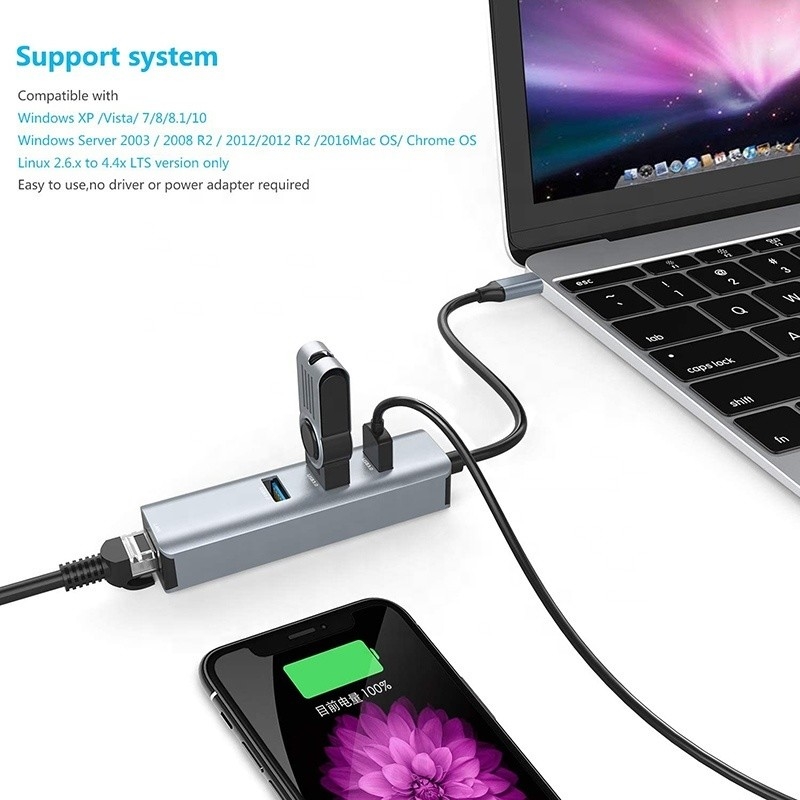 USB 3.1 Διασύνδεση τύπου C έως 9 θύρες USB A 3.0 προσαρμογός με κάρτα δικτύου Ethernet RJ45 Gigabit Gray