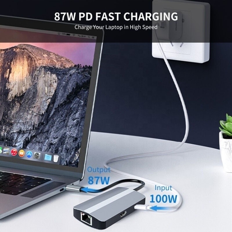 6 σε 1 USB A Hub 4K HDMI USB3.0 RJ45 1000Mbps PD προσαρμογός φόρτισης