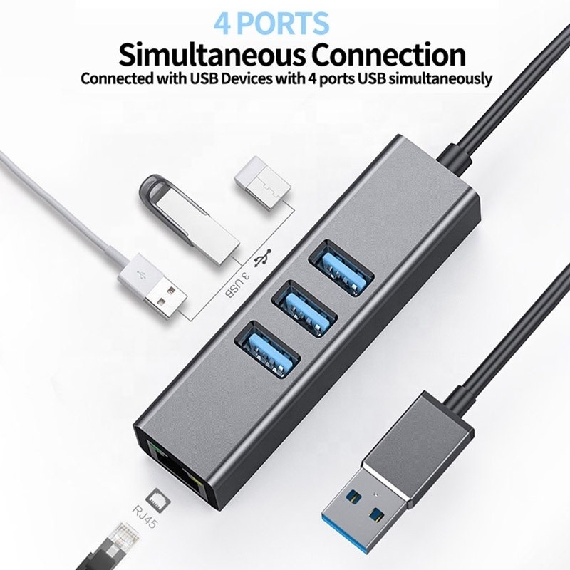 Γκρέι USB3.0 Hub και RJ45 Lan Adapter με 3 θύρες USB Gigabit Ethernet Network Card