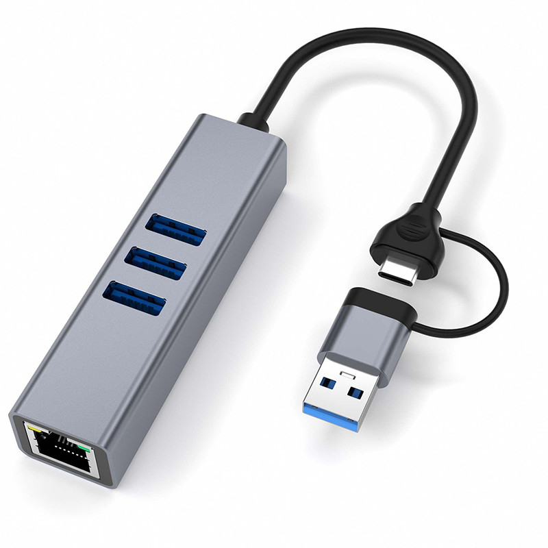 USB Type C LAN Adapter 6-in-2 USB C Hub με 3 θύρες USB 3.0 και RJ45 Gigabit LAN Interface