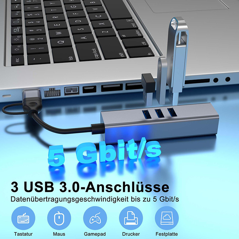 USB Type C LAN Adapter 6-in-2 USB C Hub με 3 θύρες USB 3.0 και RJ45 Gigabit LAN Interface