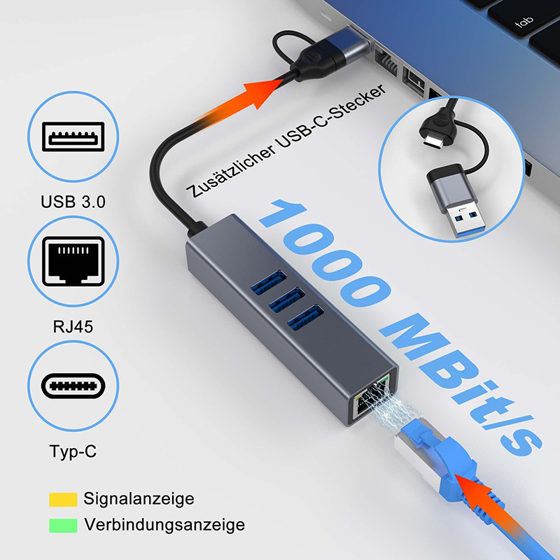 USB Type C LAN Adapter 6-in-2 USB C Hub με 3 θύρες USB 3.0 και RJ45 Gigabit LAN Interface