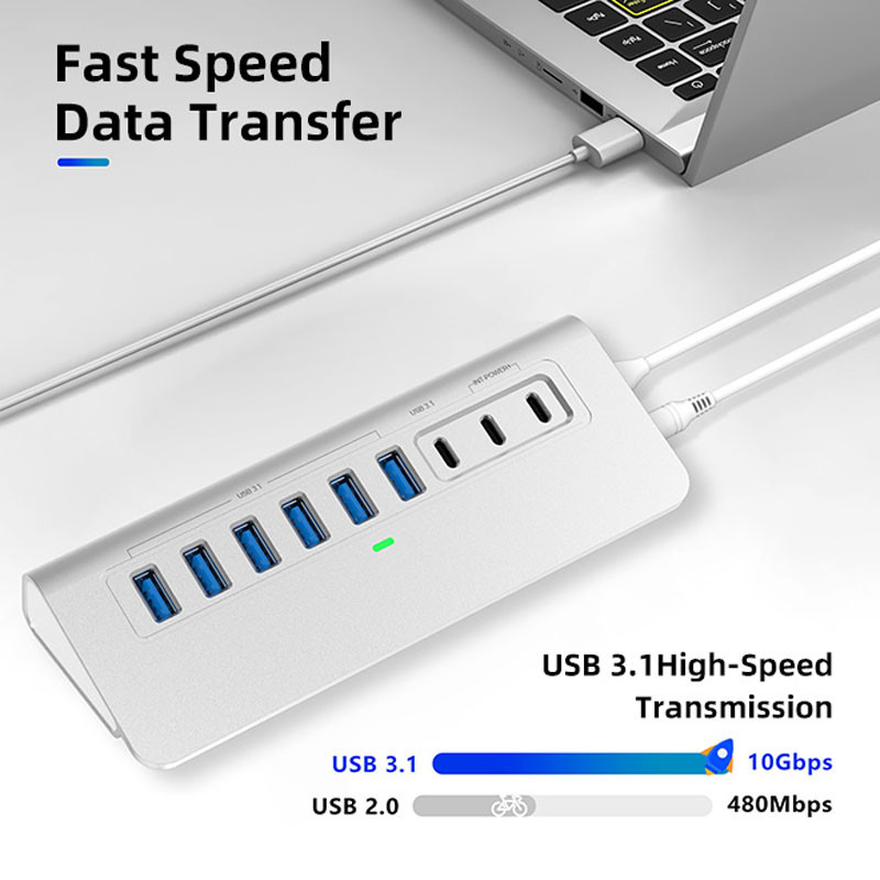 10 θύρες USB C Hub Φορητό USB C Hub Τύπος C έως 4 θύρες USB A Για PC Tablet