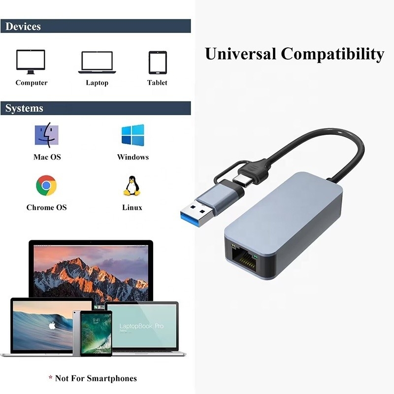 Δύο σε ένα αλουμινένιο προσαρμογέα Ethernet USB 3.0 τύπου C για γρήγορη και σταθερή σύνδεση δικτύου
