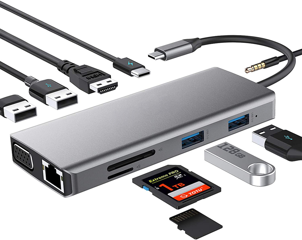 USB C Hub Τύπος-C προς USB 3.0 HDMI VGA RJ45 Lan SD TF Audio USB Grey Πολλαπλόπορτο προσαρμογέα