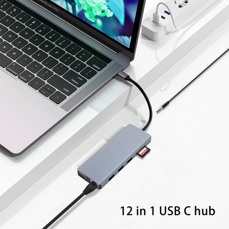 Γκρι Συνδέτης Χρώμα USB 3.0 Inthernet RJ45 HDMI 4K 12 Σε 1 USB C Hub