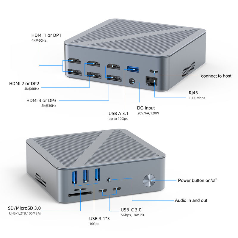 Σταθμός σύνδεσης USB-C για επιτραπέζιους υπολογιστές HDMI 4K Ανάλυση Display Port USB C 3.1 Για Laptop PC